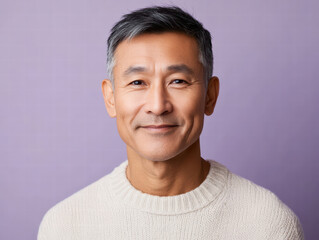 Obraz premium Serene Portrait: An attractive mature man with salt-and-pepper hair, radiating an aura of experience, wisdom, and subtle grace. His kind eyes and gentle smile speak volumes.