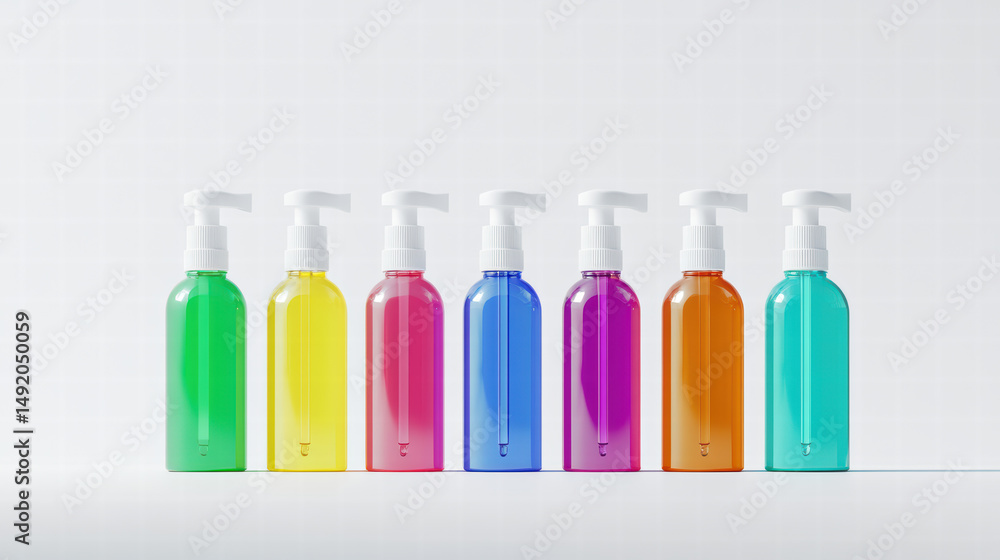 Poster rainbow palette: an array of vibrant liquid soap dispensers creates a vivid spectacle of color and c