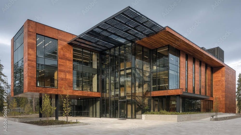 Poster daylight view of energy-efficient building with solar shading systems