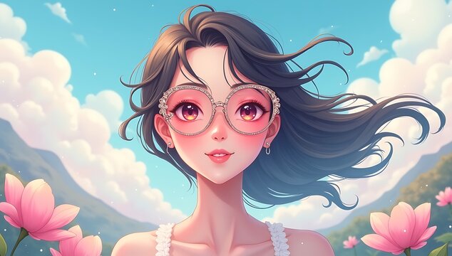 "Delulu": An imaginative illustration of a person floating among clouds, wearing rose-tinted glasses, surrounded by dreamlike scenarios, representing blissful self-deception.
