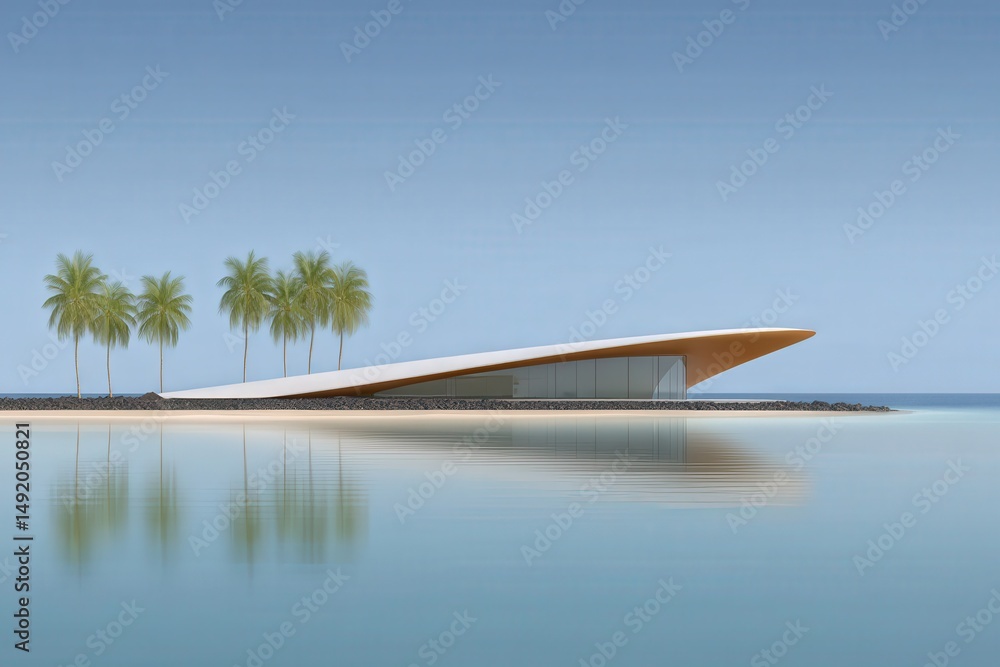 Poster modern architectural masterpiece on a tranquil beach showcasing sleek lines and minimalistic design 