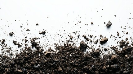 Dark soil and small rocks scattered on a white background.  A close-up shot showing texture and composition of earth