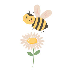 Cute bee flying over chamomile. Vector illustration isolated on white background.
