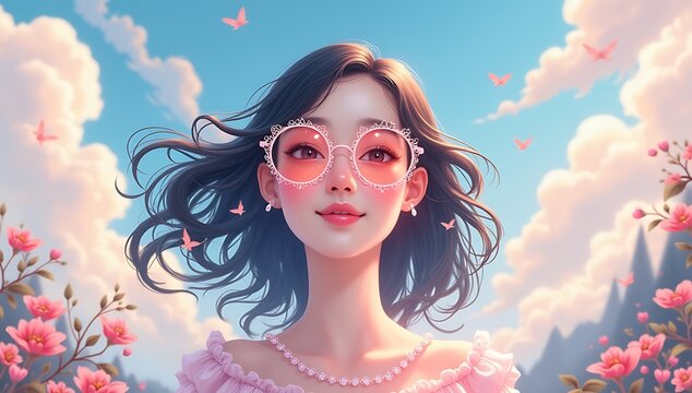 "Delulu": An imaginative illustration of a person floating among clouds, wearing rose-tinted glasses, surrounded by dreamlike scenarios, representing blissful self-deception.
