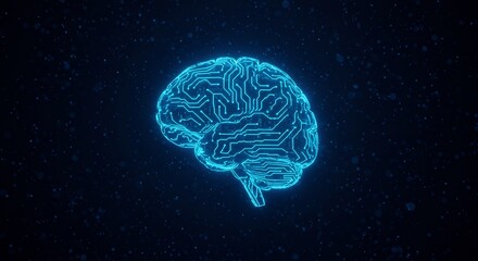 Glowing neon brain outline with an integrated circuit board and "AI" text, symbolizing artificial intelligence on a dark, fragmented background. Future technology concept