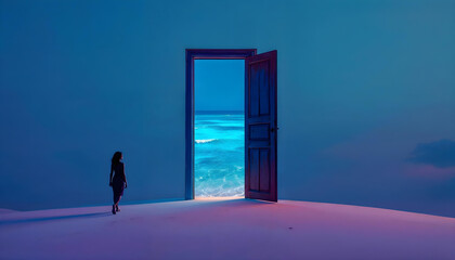 A child walking into a door that leads to an ocean suspended in mid-air, contemporary surrealism, minimalist yet deep