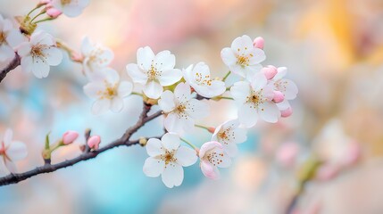 A mesmerizing scene of cherry blossom branches in full bloom, set against a blurred nature-inspired background with soft hues of pink and blue. 