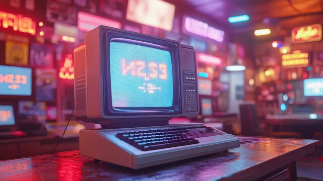 Retro vintage computer setup in an organized workshop, showcasing classic technology from the 80s and 90s