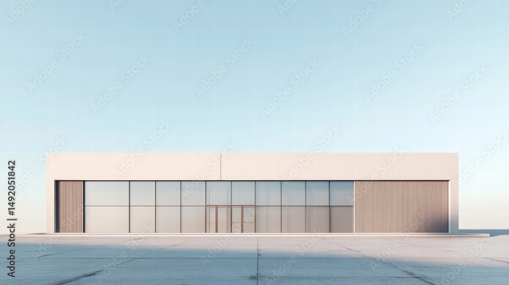 Poster modern architecture: a minimalist modern building under a bright, cloudless sky, showcasing a design