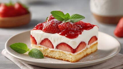 Strawberry Delight: A tantalizing slice of strawberry cake sits invitingly, its layers of fresh strawberries, creamy topping, and moist sponge beckoning the viewer.