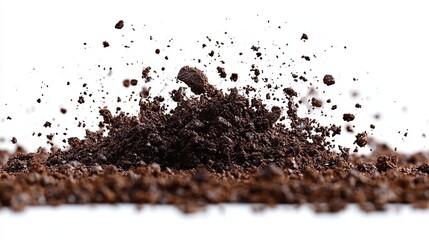 A dramatic close-up of dark brown, coarse ground coffee exploding against a stark white background.  The texture is rough and granular, showcasing the coffee's rich, earthy tones