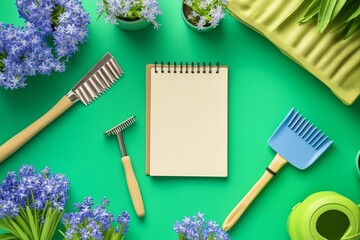 Flat lay of a gardening workspace featuring a notepad, small trowel, hand rake, and pots of blooming hyacinth flowers on a vibrant green background. 