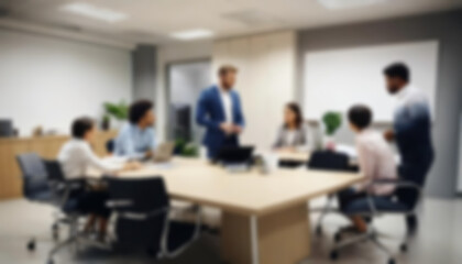 having a meeting in a blurry office, the atmosphere of a group of people having a meeting in a natural-themed, modern office with a wooden table, with a blurry office background
