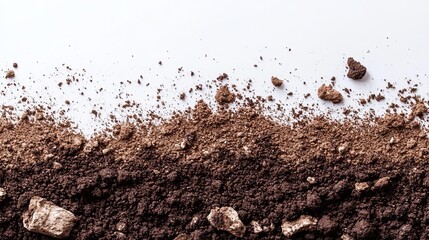 Close-up view of dark brown soil and cocoa powder scattered on a white background, creating a textured horizontal line