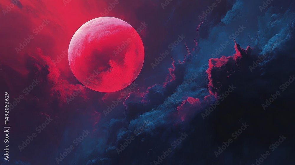 Aufkleber dramatic red moonscape with towering clouds and celestial glow from low angle view in fantasy settin