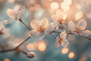 Soft-focus cherry blossoms on delicate spring branches, bathed in warm sunlight against a dreamy, pastel-toned abstract background.
