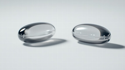 Translucent Pills: A minimalist, photorealistic image of two translucent pills, suggesting a focus on healthcare, medication, and pharmaceutical concepts. Capturing clean lines and medical accuracy. 