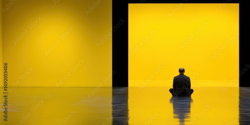 Poster a meditative figure seated in a minimalist space with yellow walls and reflective floor creating an 