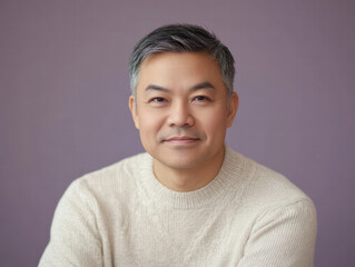 Serene Portrait of a Confident Individual: A striking, close-up portrait of a mature man exuding quiet confidence, with a gentle smile and a gaze that speaks volumes.
