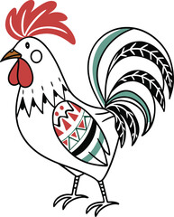 Stylized Rooster Illustration with Colorful Feather Design