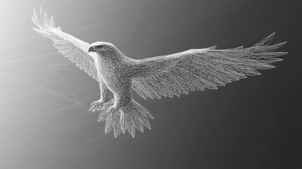 Wireframe eagle in flight, grayscale, digital art.