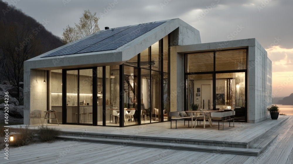 Poster minimalist house in a clean environment with rooftop solar array
