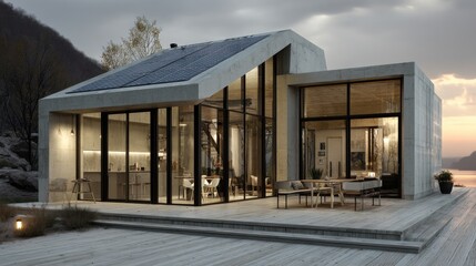 Obraz premium Minimalist house in a clean environment with rooftop solar array 