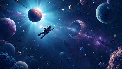 A child astronaut floating in the space that leads to an ocean suspended in mid-air, contemporary surrealism, minimalist yet deep