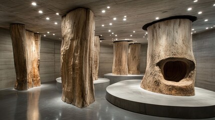 Large, natural wood trunks installed as pillars and seating within a modern concrete interior