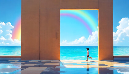 A child walking into a door that leads to an ocean suspended in mid-air, contemporary surrealism, minimalist yet deep