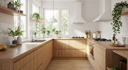3D Rendered of Bright modern kitchen with light wood cabinets, white countertops, stainless steel appliances, and indoor plants. Clean and contemporary home interior design
