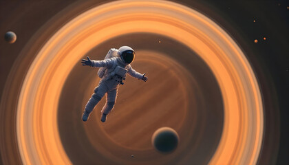 A child astronaut floating in the space that leads to an ocean suspended in mid-air, contemporary surrealism, minimalist yet deep