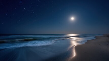 Fototapeta premium Nighttime Ocean Waves Under Moonlight and Stars, Evoking Tranquility and Coastal Getaways : Generative AI