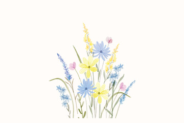 Spring colorful wildflowers watercolor botanical wreath background. Spring and summer Background watercolor arrangements with small flower. Botanical illustration minimal style.