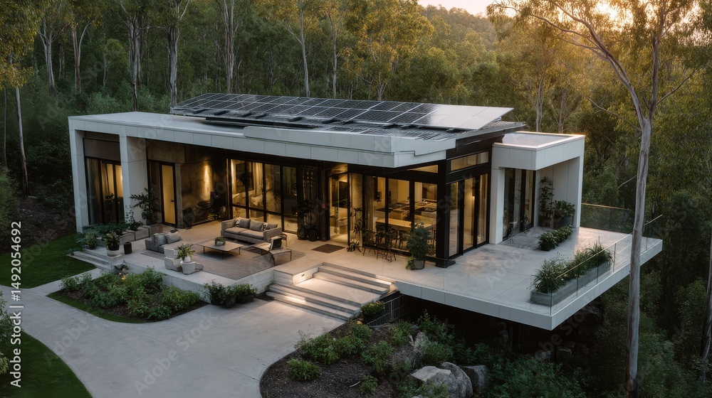Poster minimalist house in a clean environment with rooftop solar array