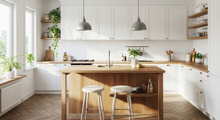 3D Rendered of Bright modern kitchen with light wood cabinets, white countertops, stainless steel appliances, and indoor plants. Clean and contemporary home interior design