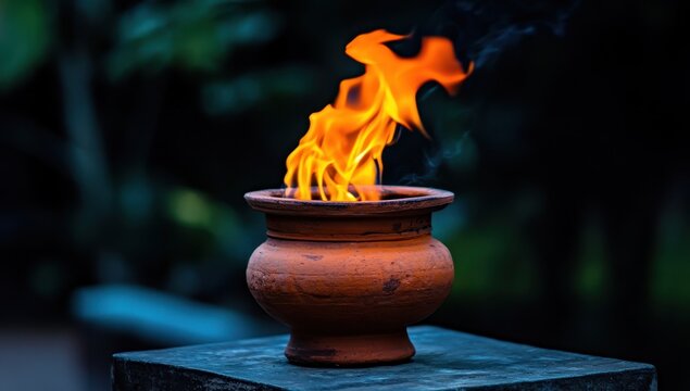 Orange flames dance in a terracotta pot