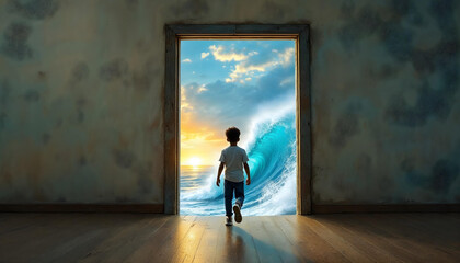 A child walking into a door that leads to an ocean suspended in mid-air, contemporary surrealism, minimalist yet deep