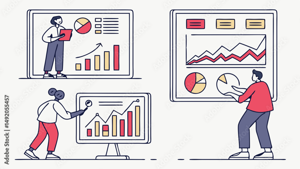 Poster flat illustration of diverse team analyzing business data using bar charts line graphs pie charts fo