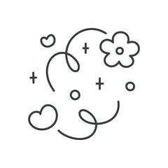 Cute floral illustration. Whimsical design with jumping flower and heart surrounded by stars and sparkles. Hand drawn monochrome illustration isolated on a white background. Kawaii sticker. Vector 10 