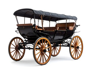 Vintage Horse Drawn Carriage With Black Body And Wooden Wheels On White