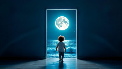 A person walking into a door that leads to an ocean suspended in mid-air, contemporary surrealism, minimalist yet deep
