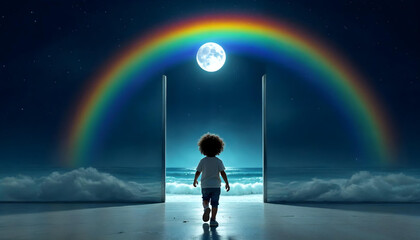 A person walking into a door that leads to an ocean suspended in mid-air, contemporary surrealism, minimalist yet deep
