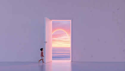 A person walking into a door that leads to an ocean suspended in mid-air, contemporary surrealism, minimalist yet deep