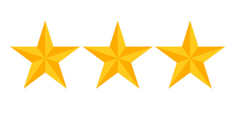 “Set of three flat golden stars with five symmetrical points, isolated on white background. Clean vector icon perfect for rating systems, user reviews, achievement badges, quality ranking.