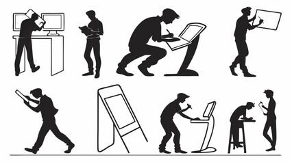 Obraz premium Black and white graphic silhouettes of people using technology, computers, and displays, various poses and actions