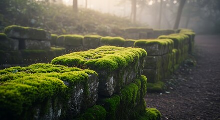 Obraz premium Moss Covered Stone Wall in Forest, Nature Background
