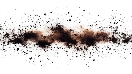 A burst of dark brown powder explodes against a stark white background, creating a dynamic, textured effect