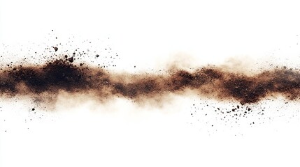 Brown dust cloud explosion isolated on white background.  A horizontal streak of scattered particles creates a dynamic, textured effect