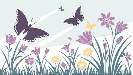 Purple And Yellow Butterflies Flying In A Stylized Spring Flower Meadow Illustration